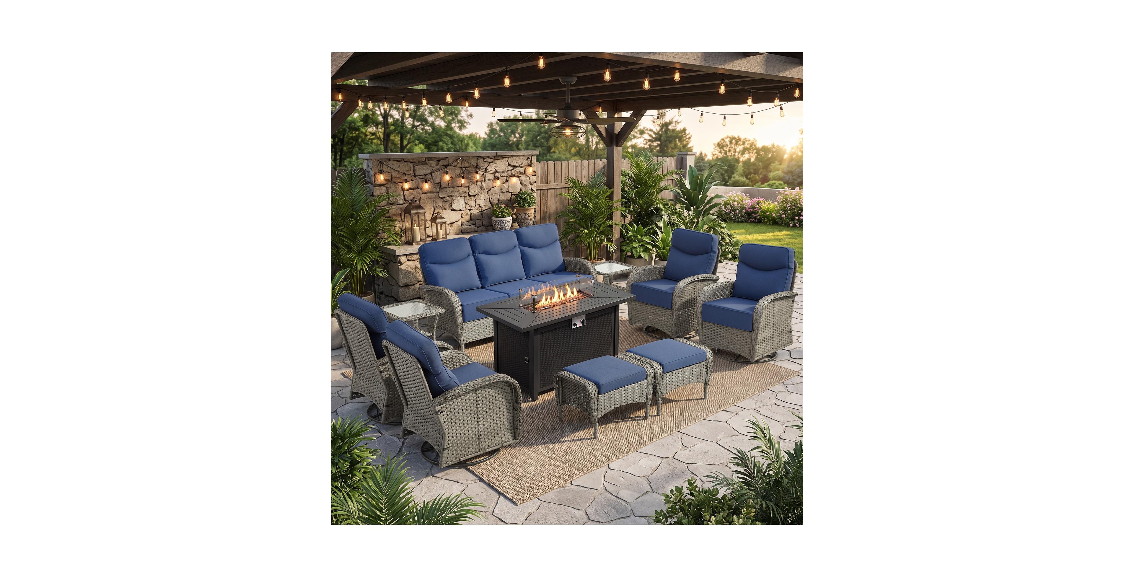 Pocassy 10-Piece Patio Furniture Set with 6-Inch Thick Cushions, Outdoor Couch and Swivel Rocker Chairs, Wicker Conversation for Porch, Deck
