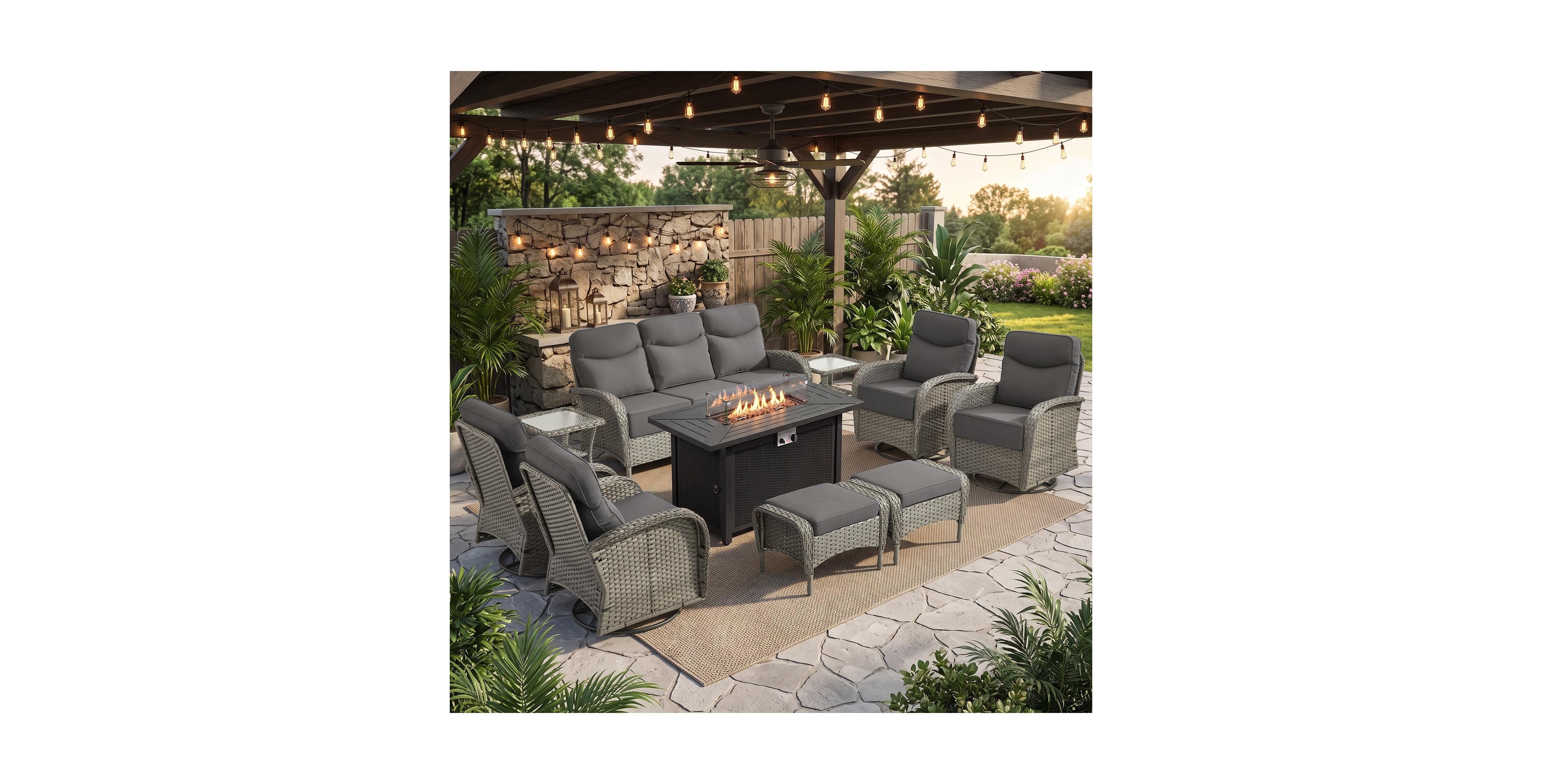 Pocassy 10-Piece Patio Furniture Set with 6-Inch Thick Cushions, Outdoor Couch and Swivel Rocker Chairs, Wicker Conversation Set for Porch, Deck