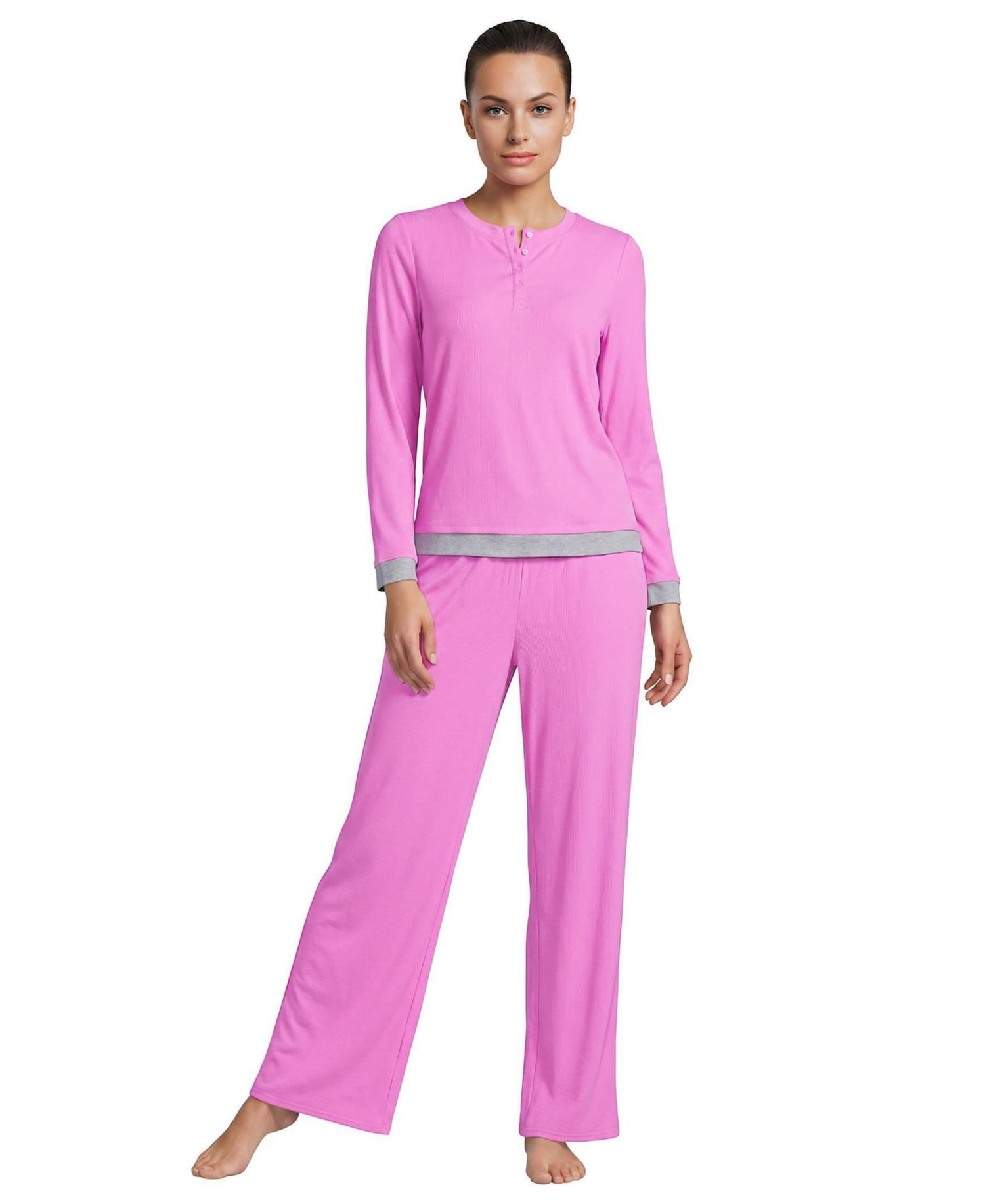 Women's Henley-Style Long-Sleeve Top and Wide-Leg Pants, 2-Piece Set