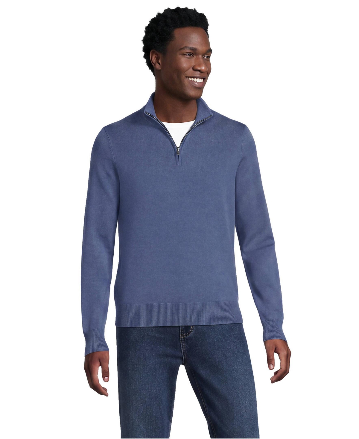 Lands' End Men's Long Sleeve Fine Gauge Cotton Quarter Zip Sweater - Nightfall blue