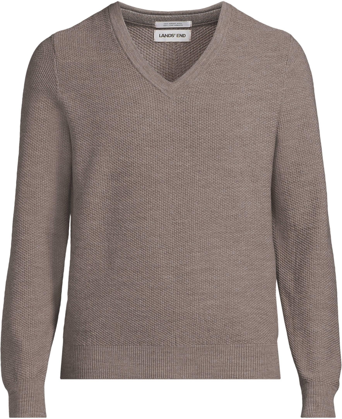 Lands' End Men's Long Sleeve Washable Merino Wool V Neck Sweater - Light bark heather