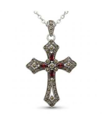 Sterling Silver Cubic Zirconia and Marcasite Antique-Finish Cross Pendant