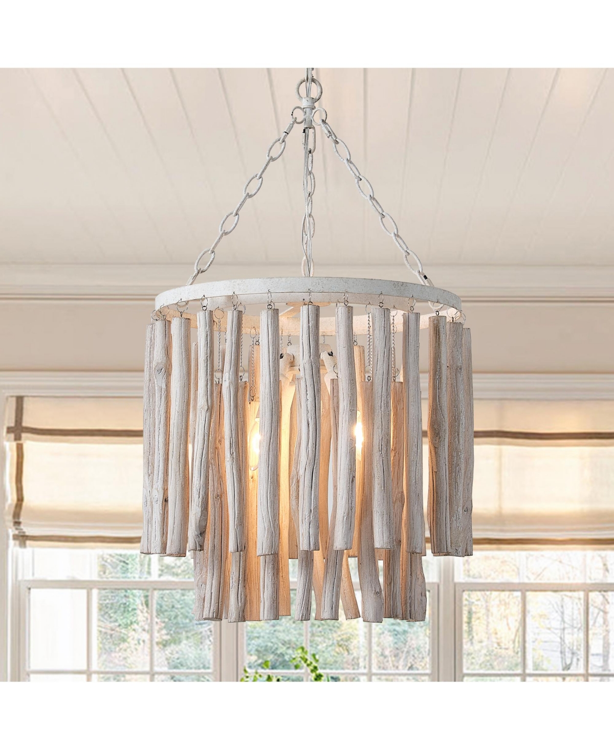 Parrot Uncle 17" Coastal 2-Tier 4-Light Round Fringe Wood Chandelier