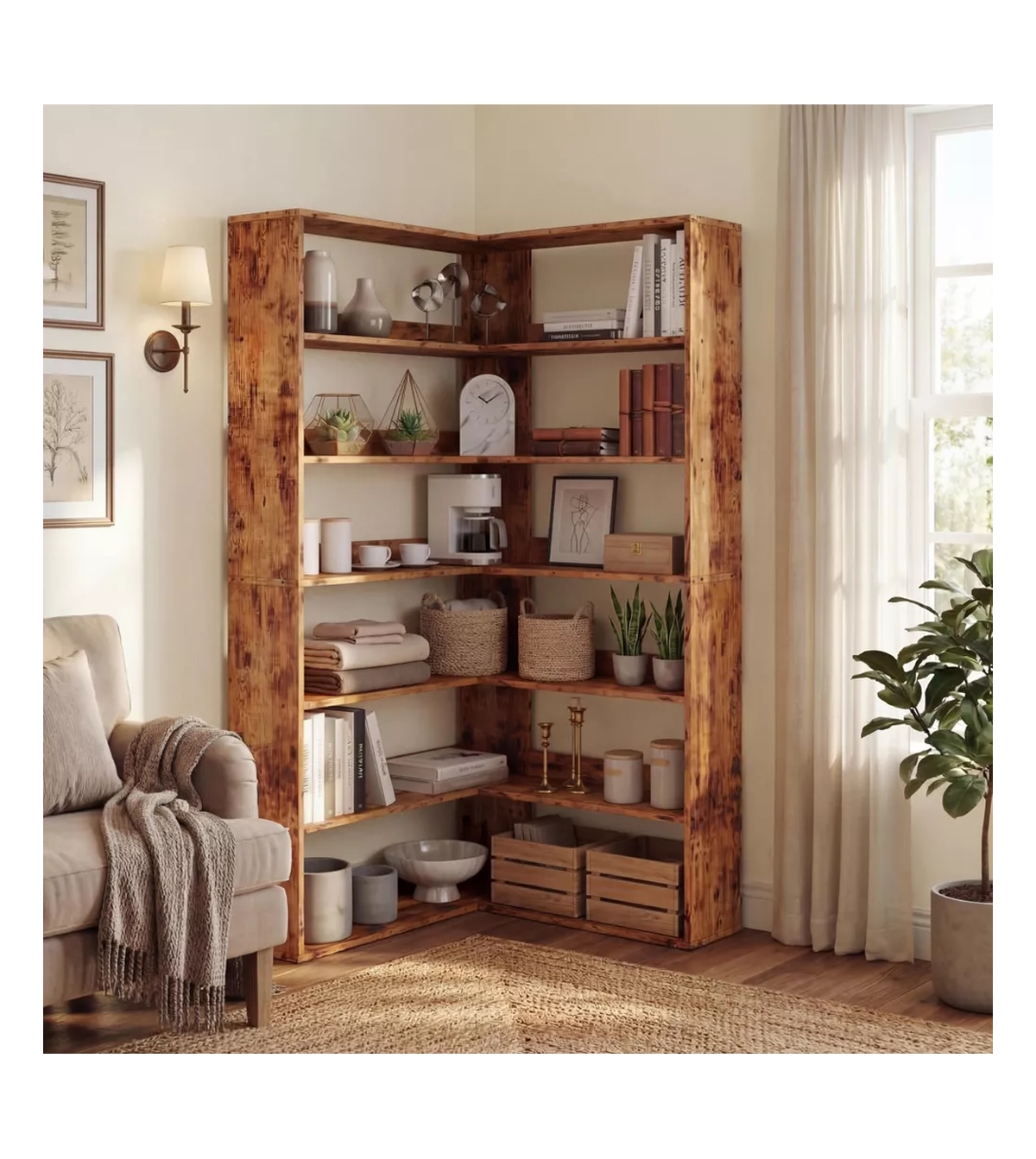 gaomon Corner Bookshelf - 6-Tier Rustic Wood L-Shaped Display Shelf with Open Storage, Space-Saving Bookcase for Living Room Bedroom Home Office - Bro