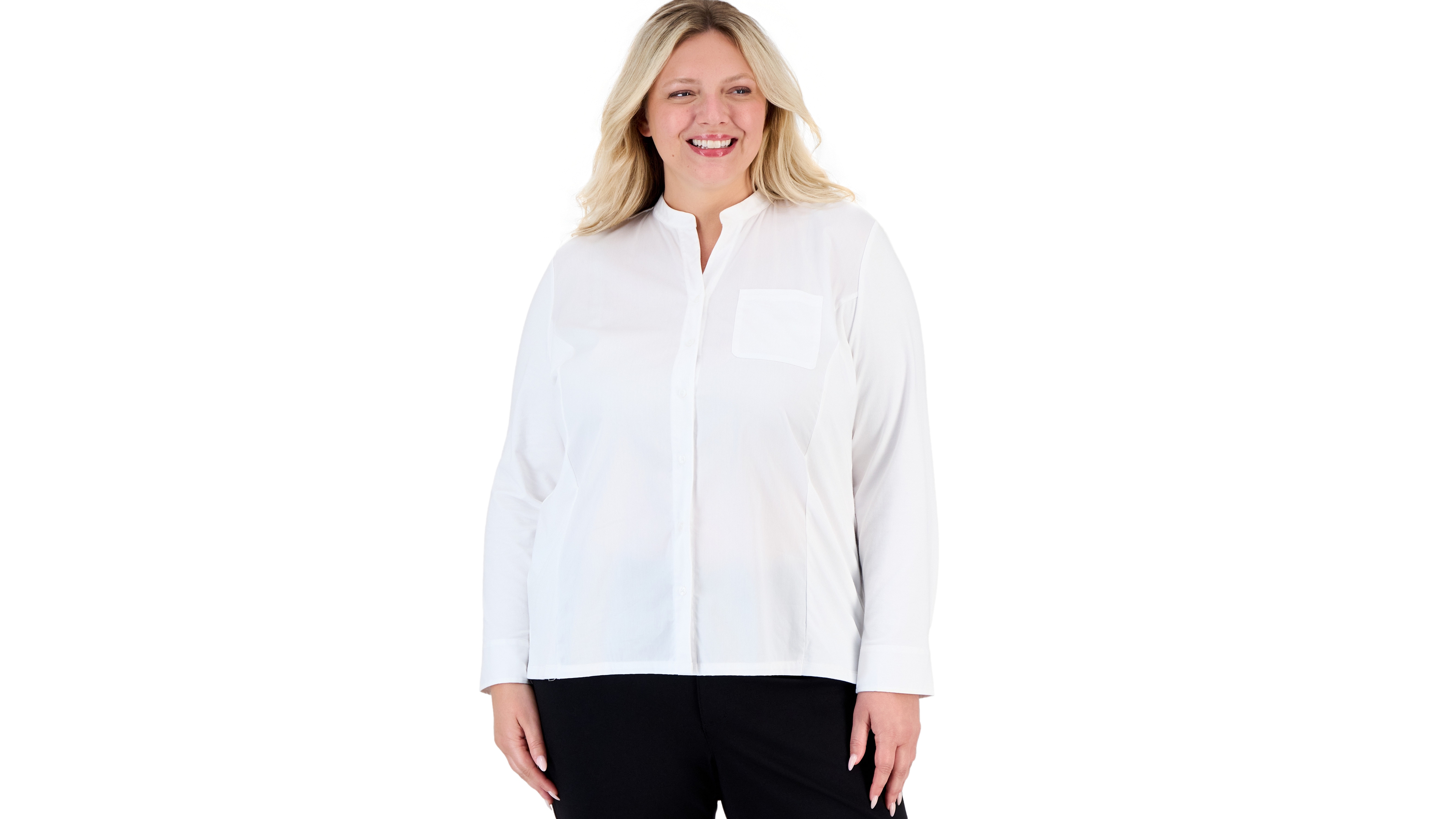 Jones New York Plus Stand Collar Button-Front Long-Sleeve Blouse