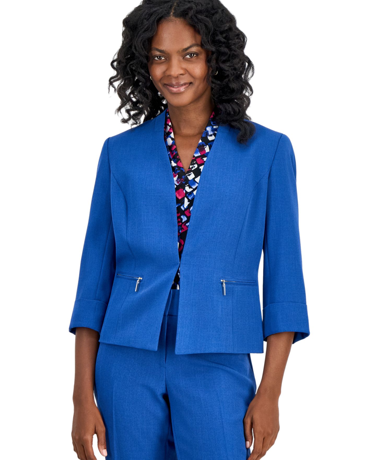 Женский пиджак Kasper Collarless Zip-Pocket Cuffed-Sleeve Blazer, цвет: Синий ночной — фото 1