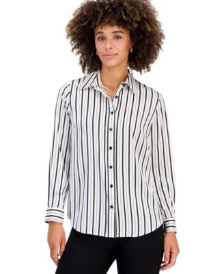 Petite Collared Button-Front Long-Sleeve Blouse