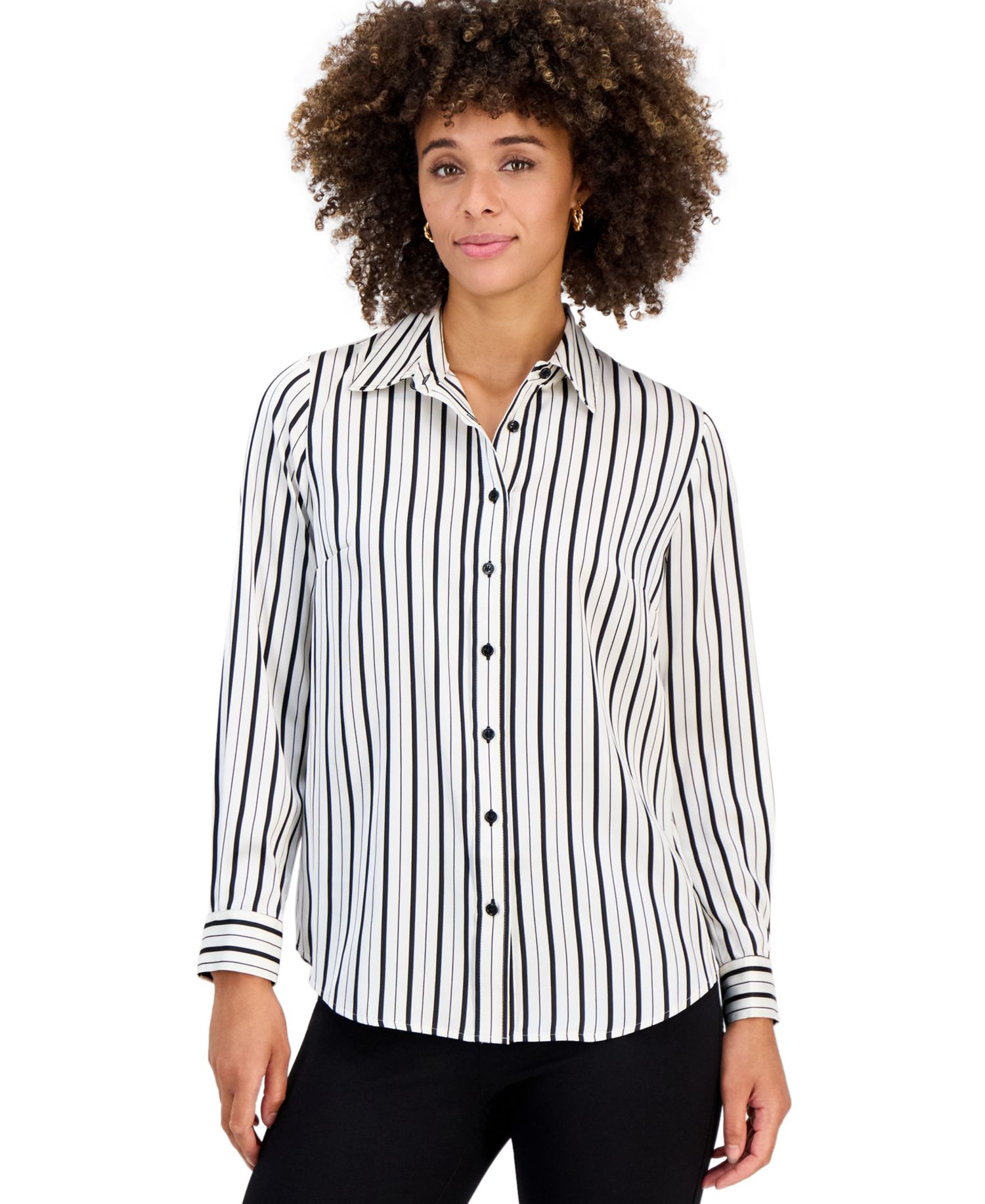 Petite Collared Button-Front Long-Sleeve Blouse