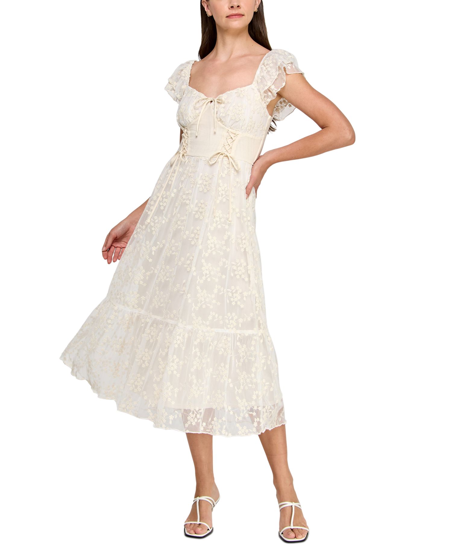 Juniors' Sweetheart-Neck Flutter-Sleeve Lace Midi Dress