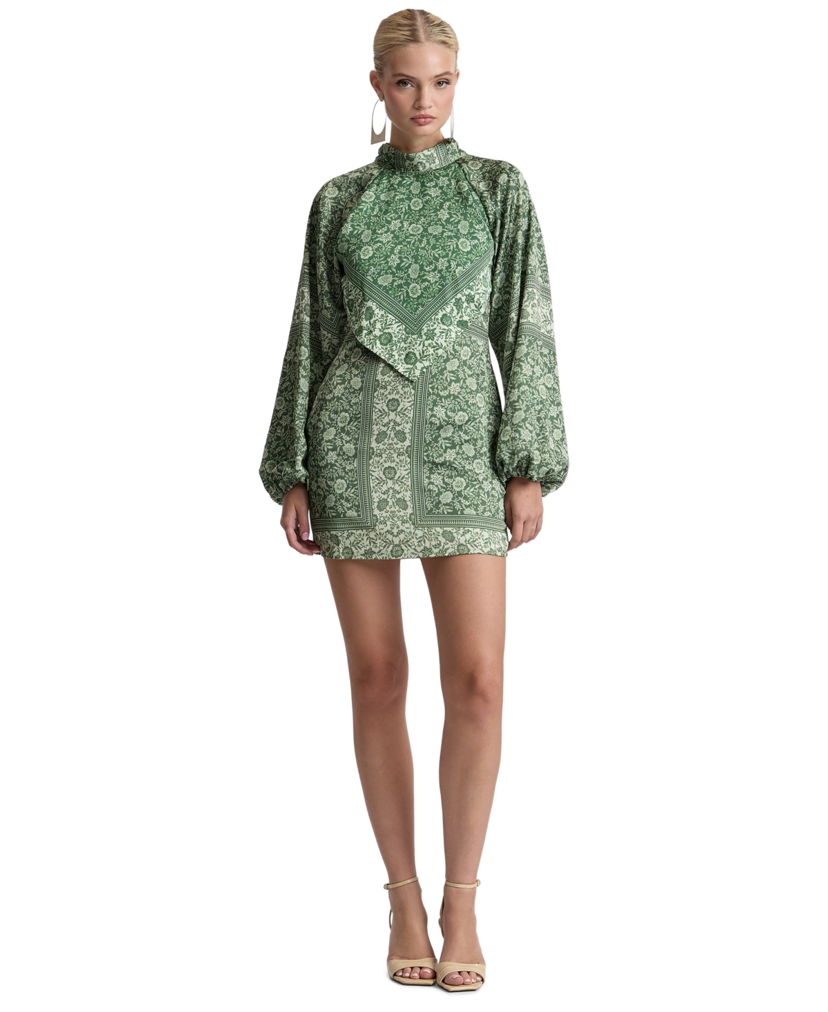 Avec Les Filles Women's Printed Satin High Neck Scarf Mini Dress - Green Autumn Poppy Scarf