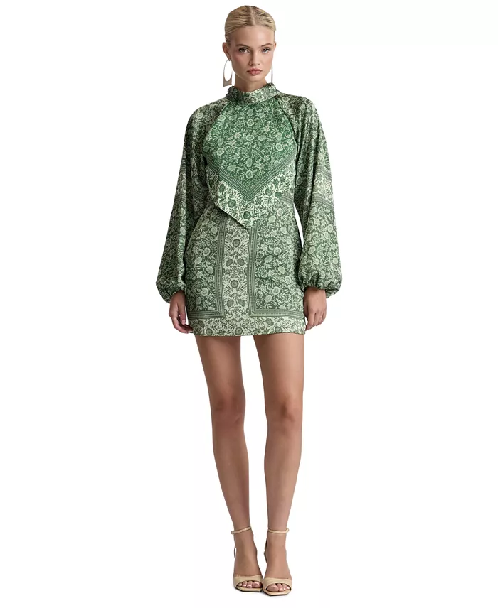 Women's Printed Satin High-Neck Scarf Mini Dress