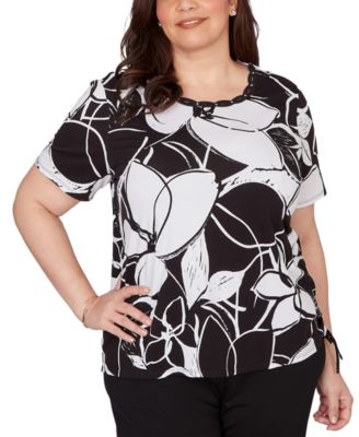 Plus Size Abstract Floral Embellished Side Tie T-Shirt
