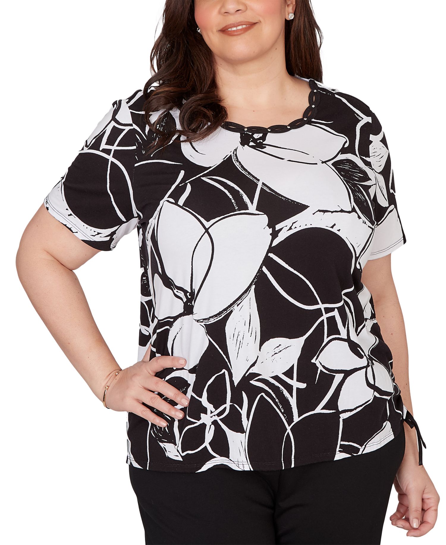 Plus Size Abstract Floral Embellished Side Tie T-Shirt