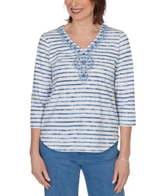 Petite Medallion Embroidered Stripe Top