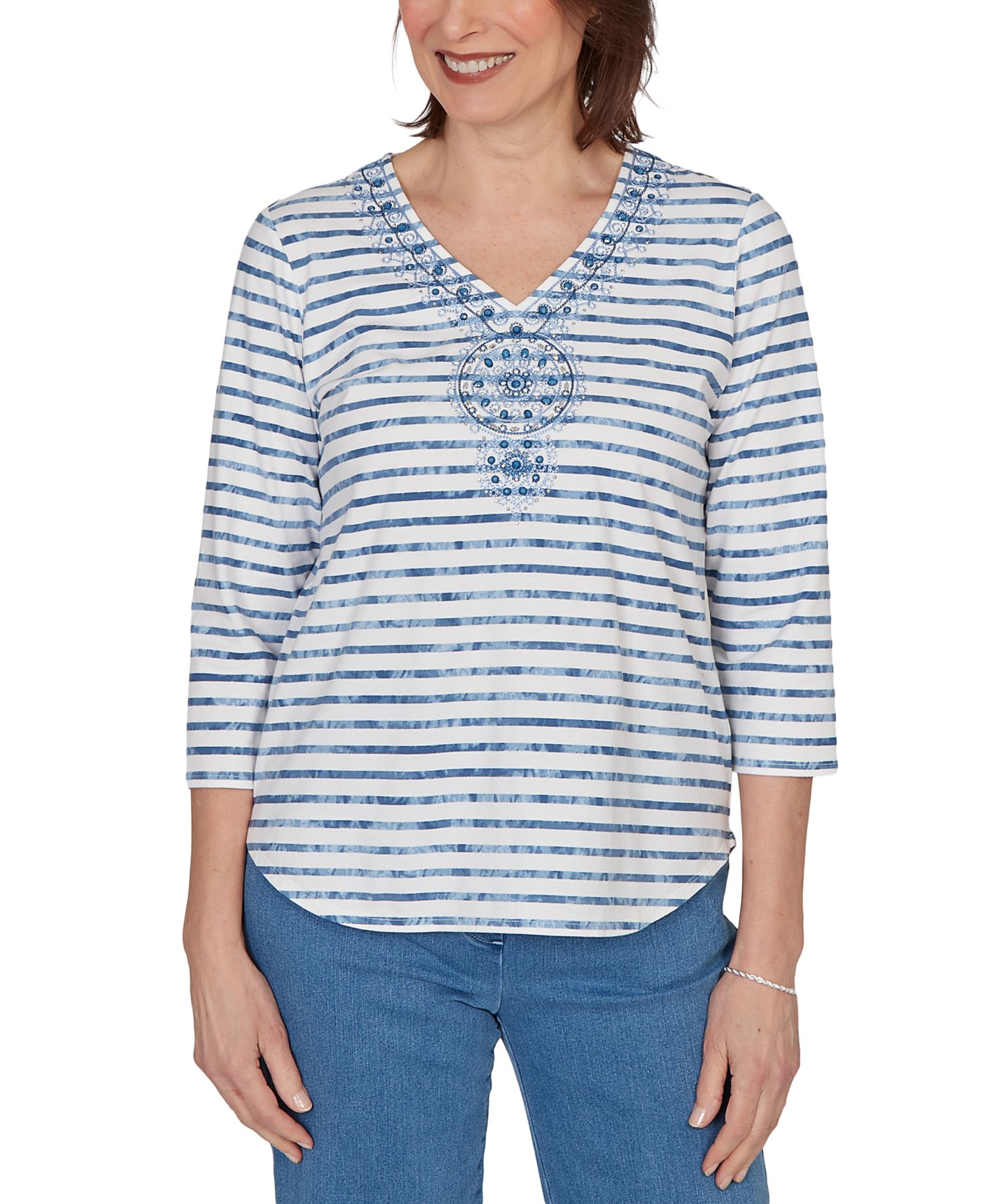 Petite Medallion Embroidered Stripe Top