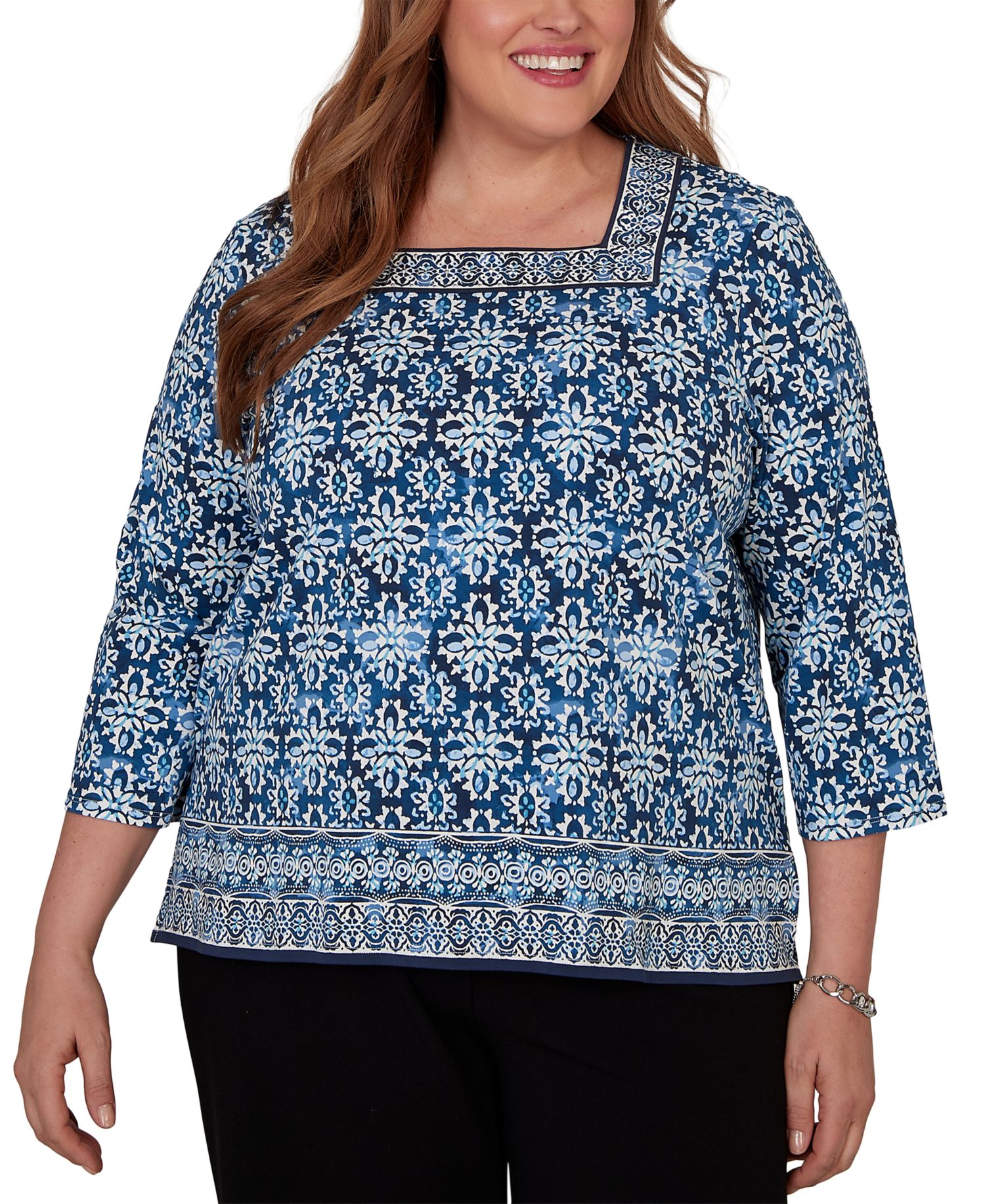 Plus Size Batik Tile Square Neck Top