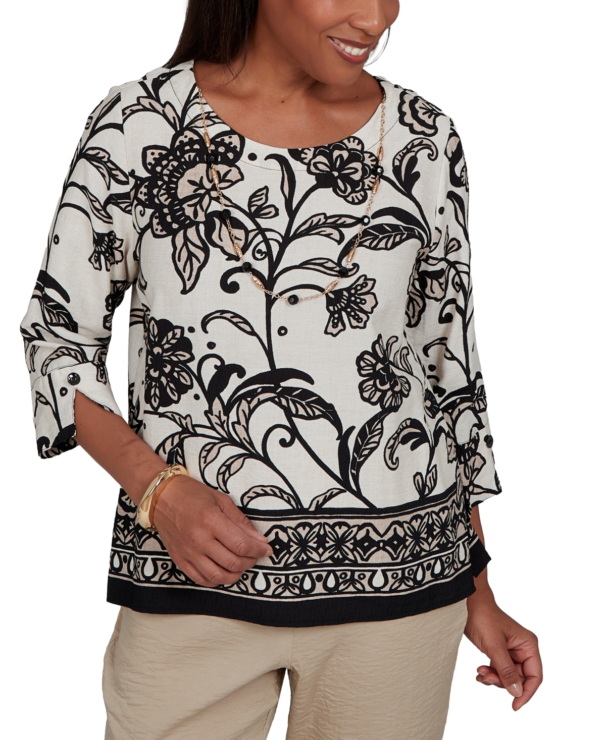 Alfred Dunner Women's Travel Advisory Scroll Border Top With Necklace