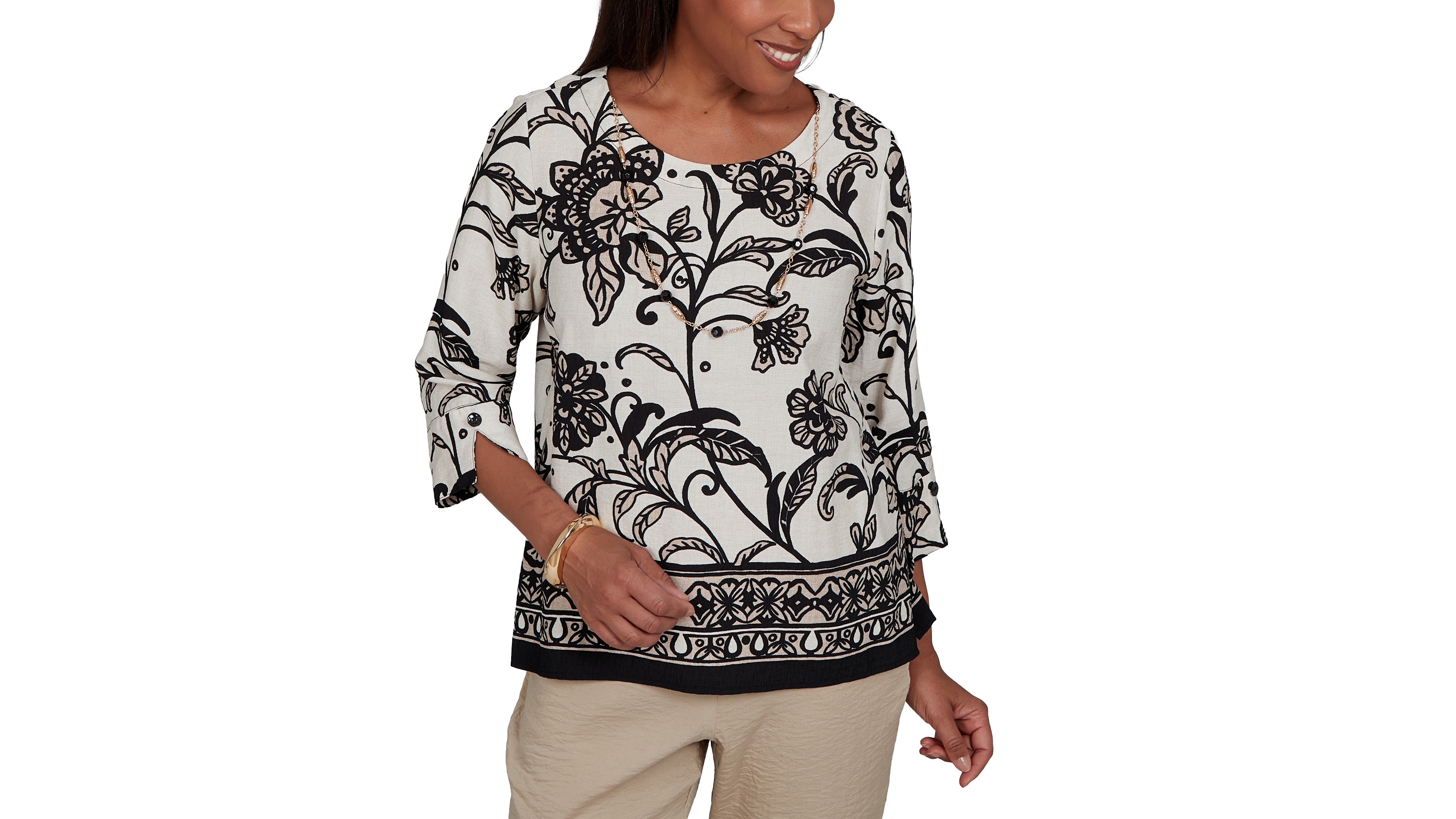 Alfred Dunner Women's Travel Advisory Scroll Border Top With Necklace