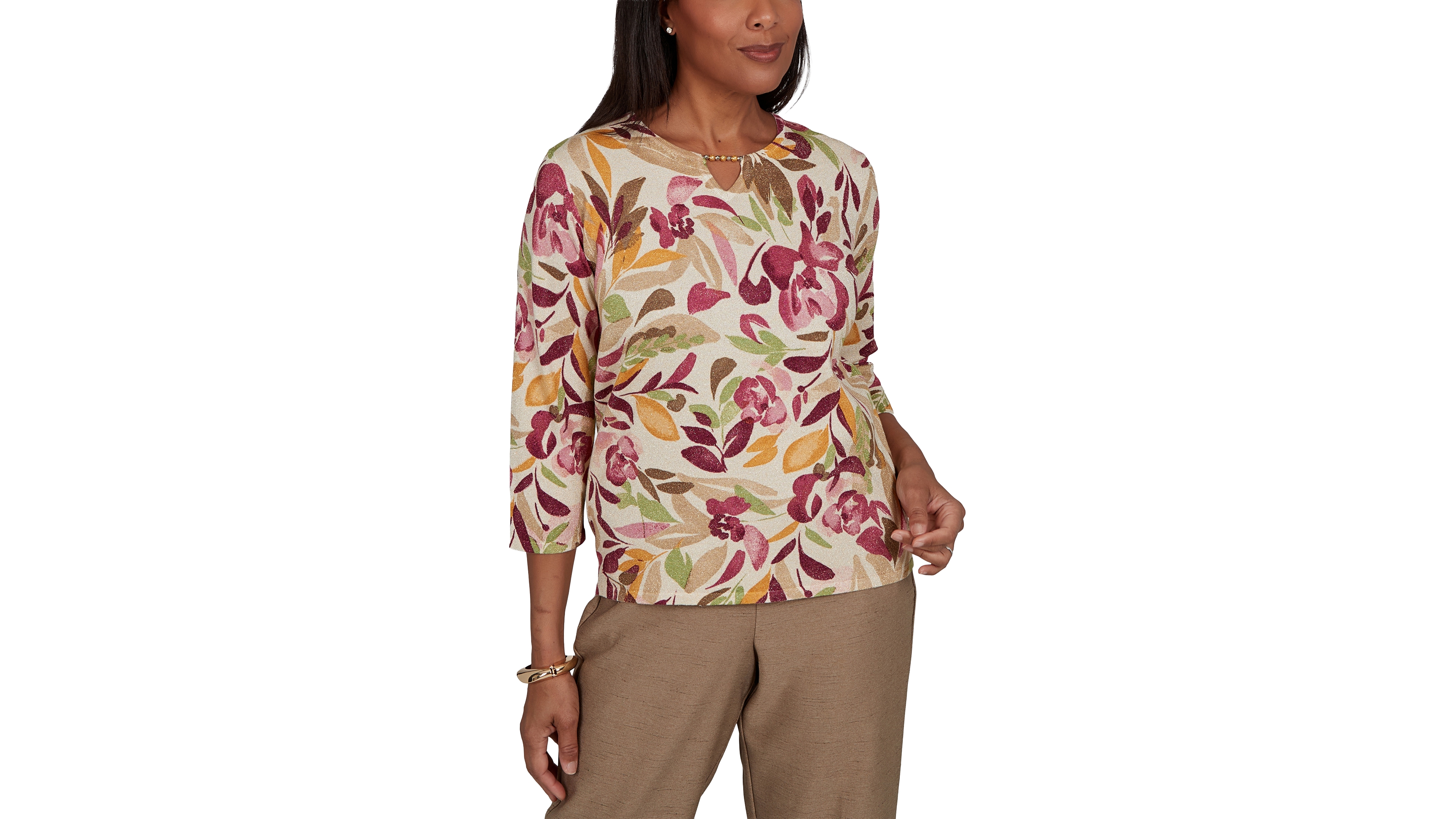 Alfred Dunner Women's Union Square Floral Painterly Print Shimmer Sweater