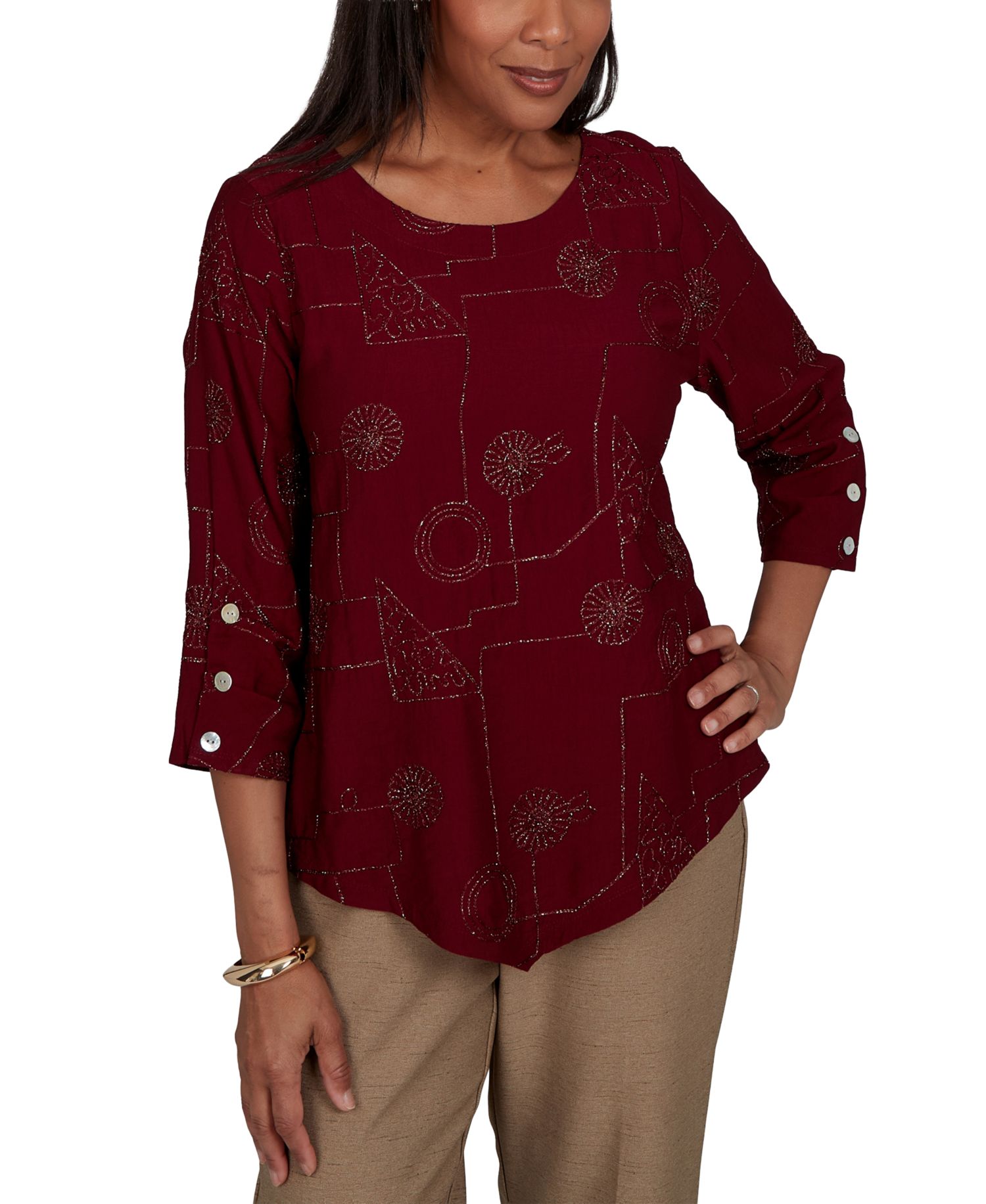 Petite Union Square Geometric-Floral 3/4-Sleeve Crewneck Rayon-Nylon Blend Blouse