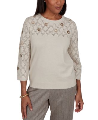 Petite Pointelle Floral Embroidery with Bead Pullover Sweater