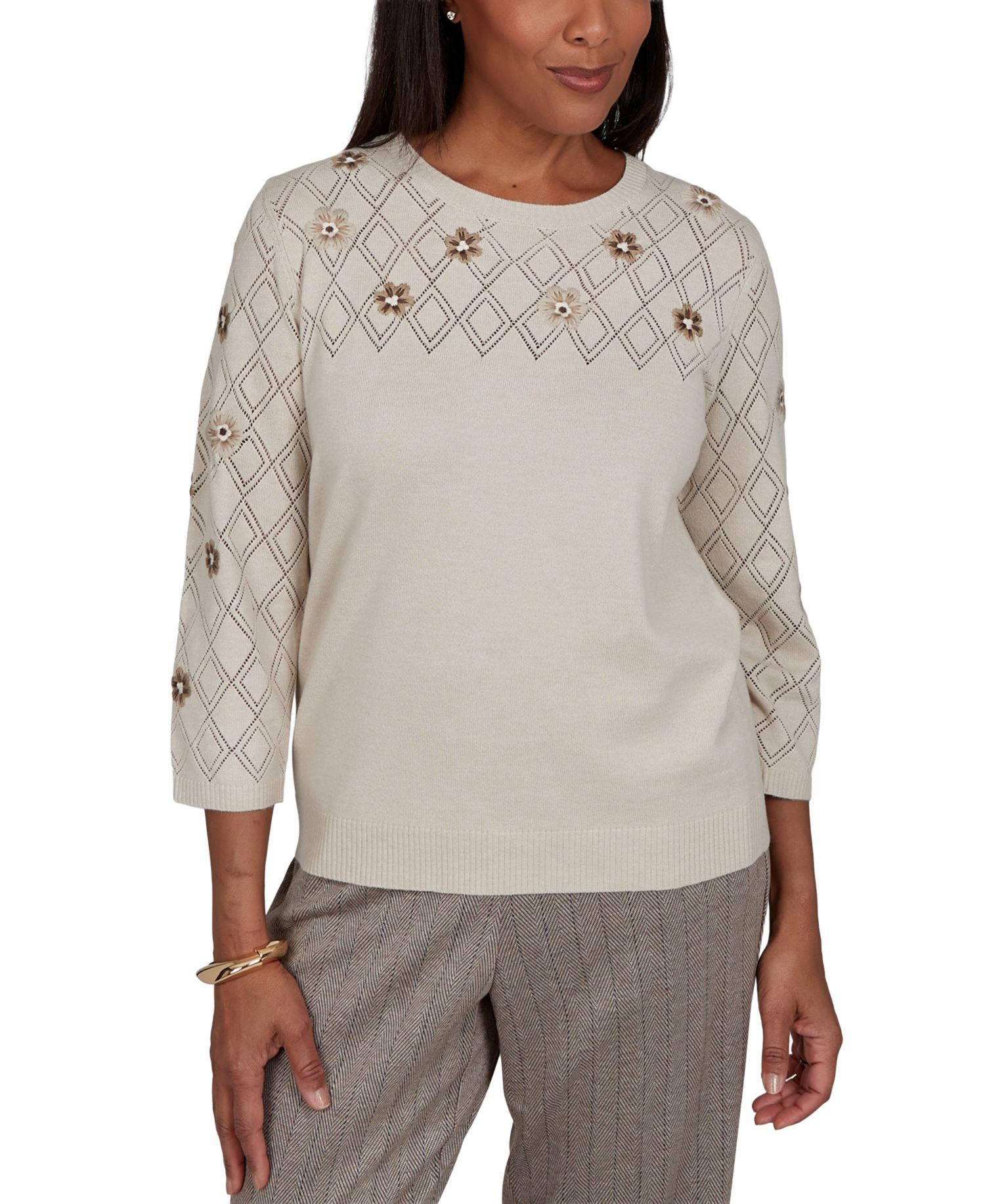 Petite Pointelle Floral Embroidery with Bead Pullover Sweater