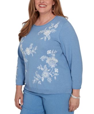 Plus Size Provence Floral-Embroidered Crewneck 3/4-Sleeve Sweater