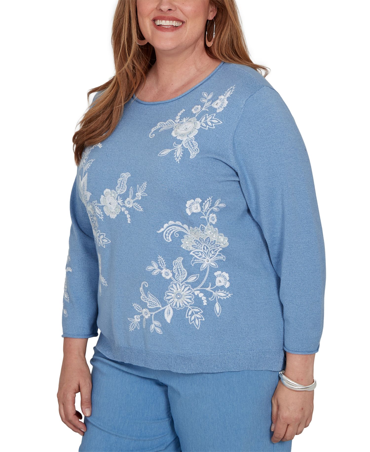 Plus Size Provence Floral-Embroidered Crewneck 3/4-Sleeve Sweater