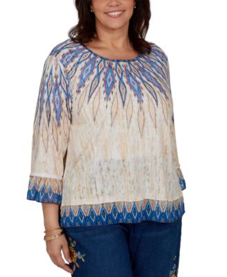 Plus Size Ikat-Print Scoop-Neck 3/4-Sleeve Blouse