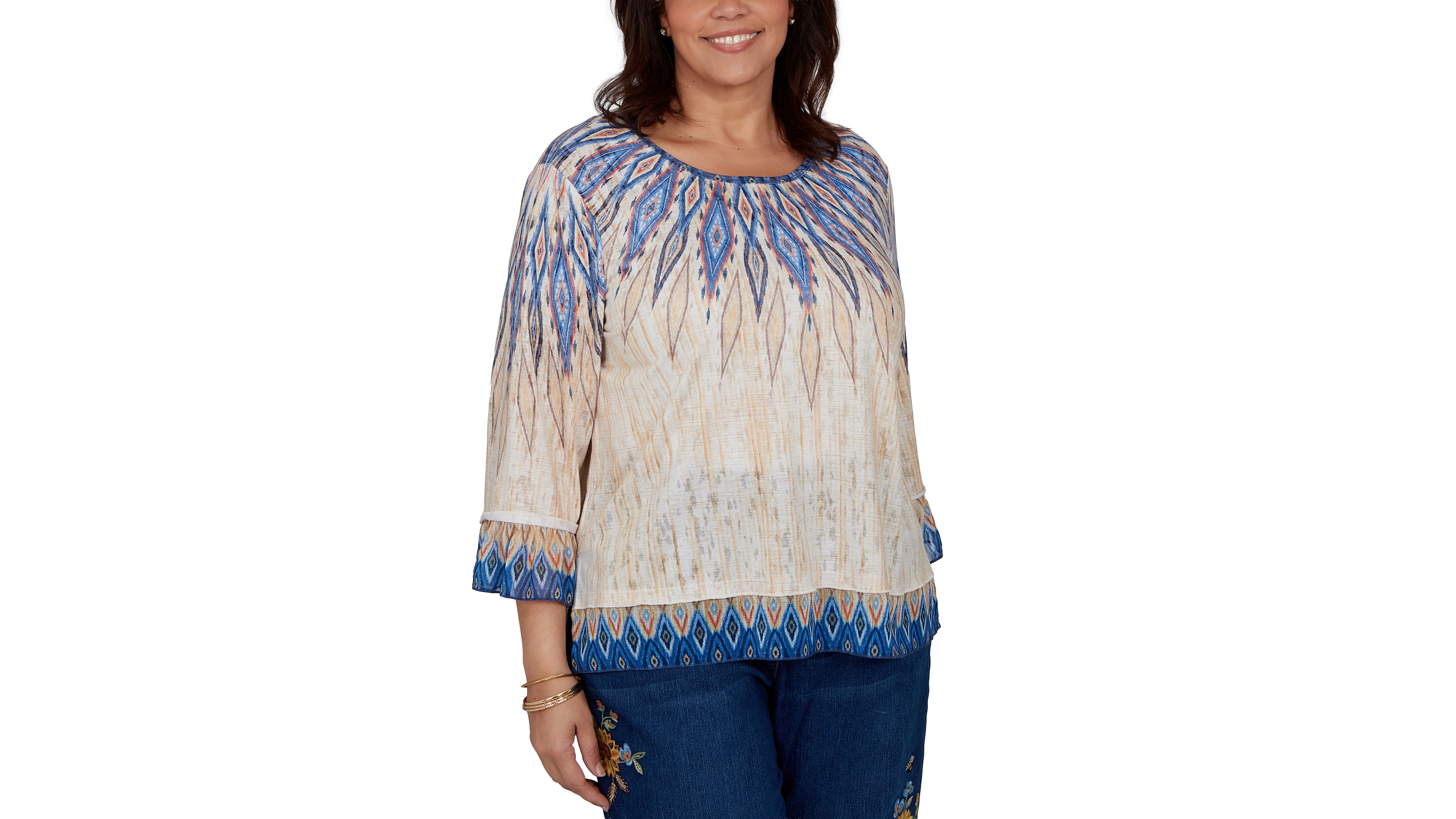 Alfred Dunner Plus Ikat-Print Scoop-Neck 3/4-Sleeve Blouse