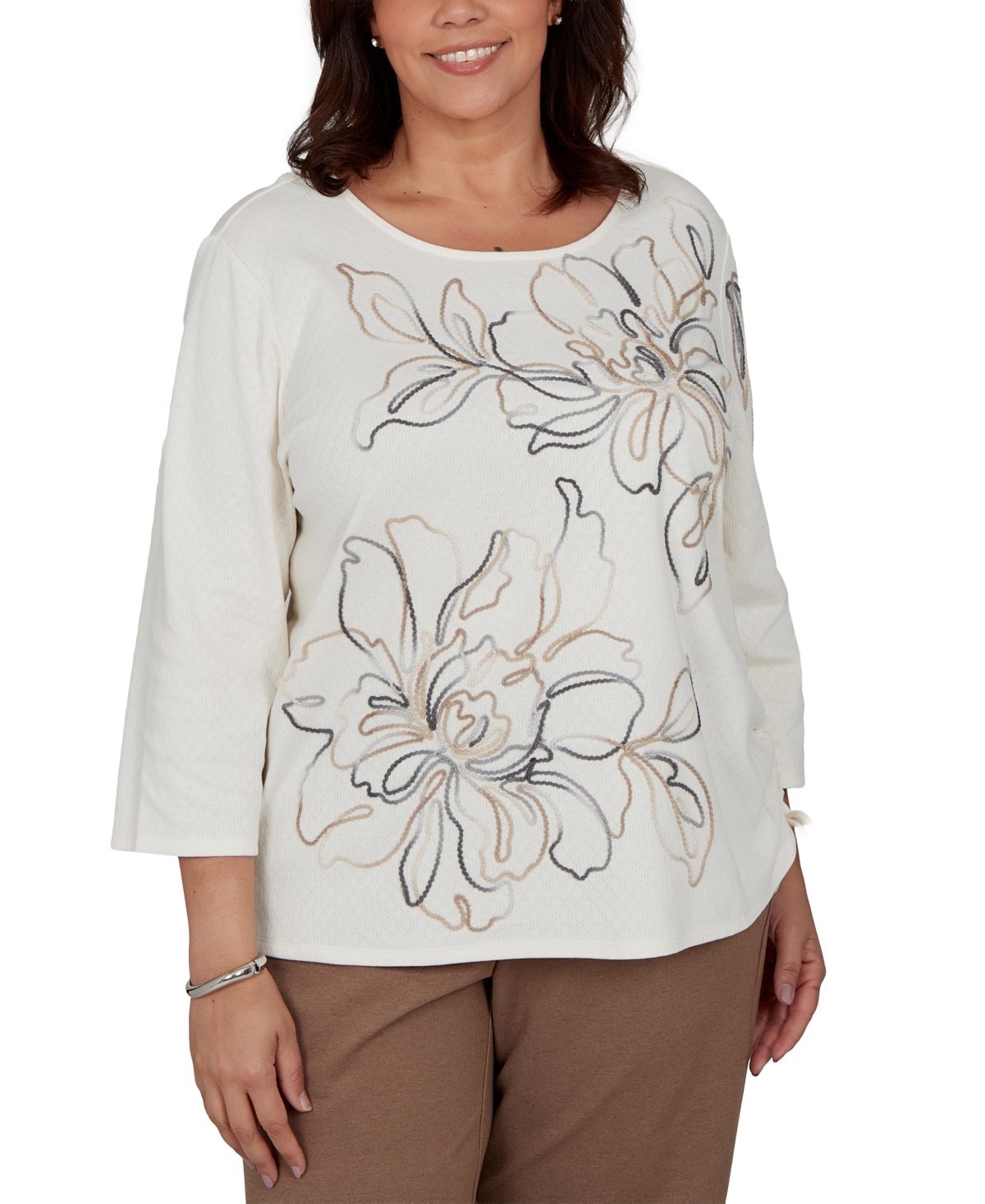 Alfred Dunner Plus Size Floral 3/4-Sleeve Top - Ivory