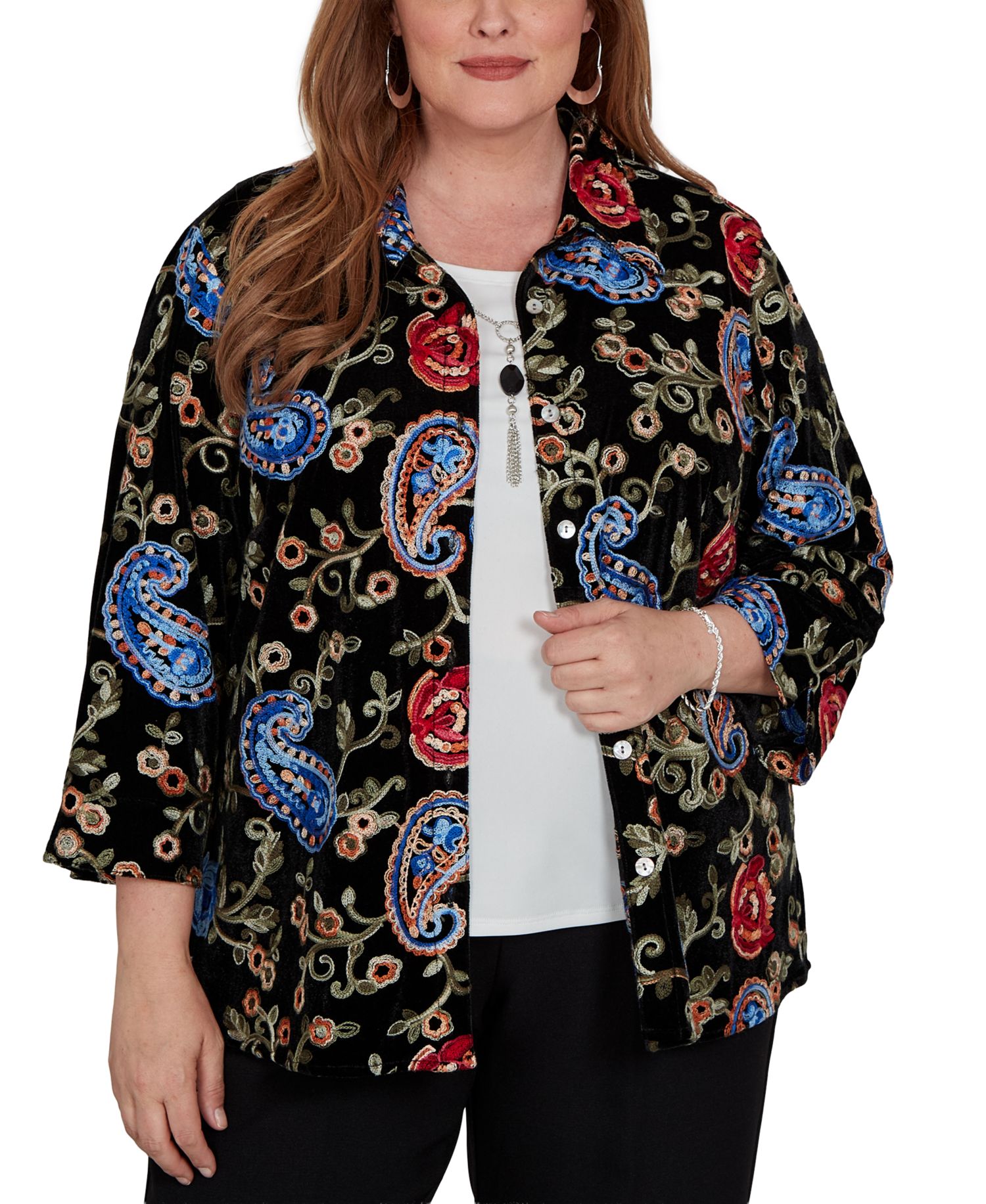 Plus Size Collared 3/4-Sleeve Velvet Top