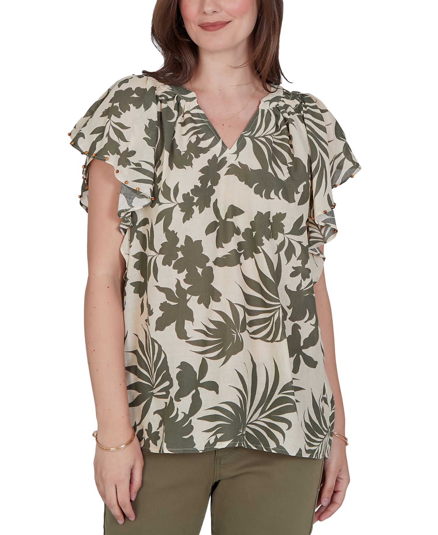 Petite Tropical Print Gauze Flutter-Sleeve Top