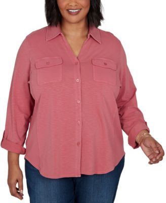 Plus Size Rib Trim Button-Front Knit Top