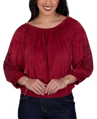 Petite Embroidered Scoop-Neck 3/4-Sleeve Blouse