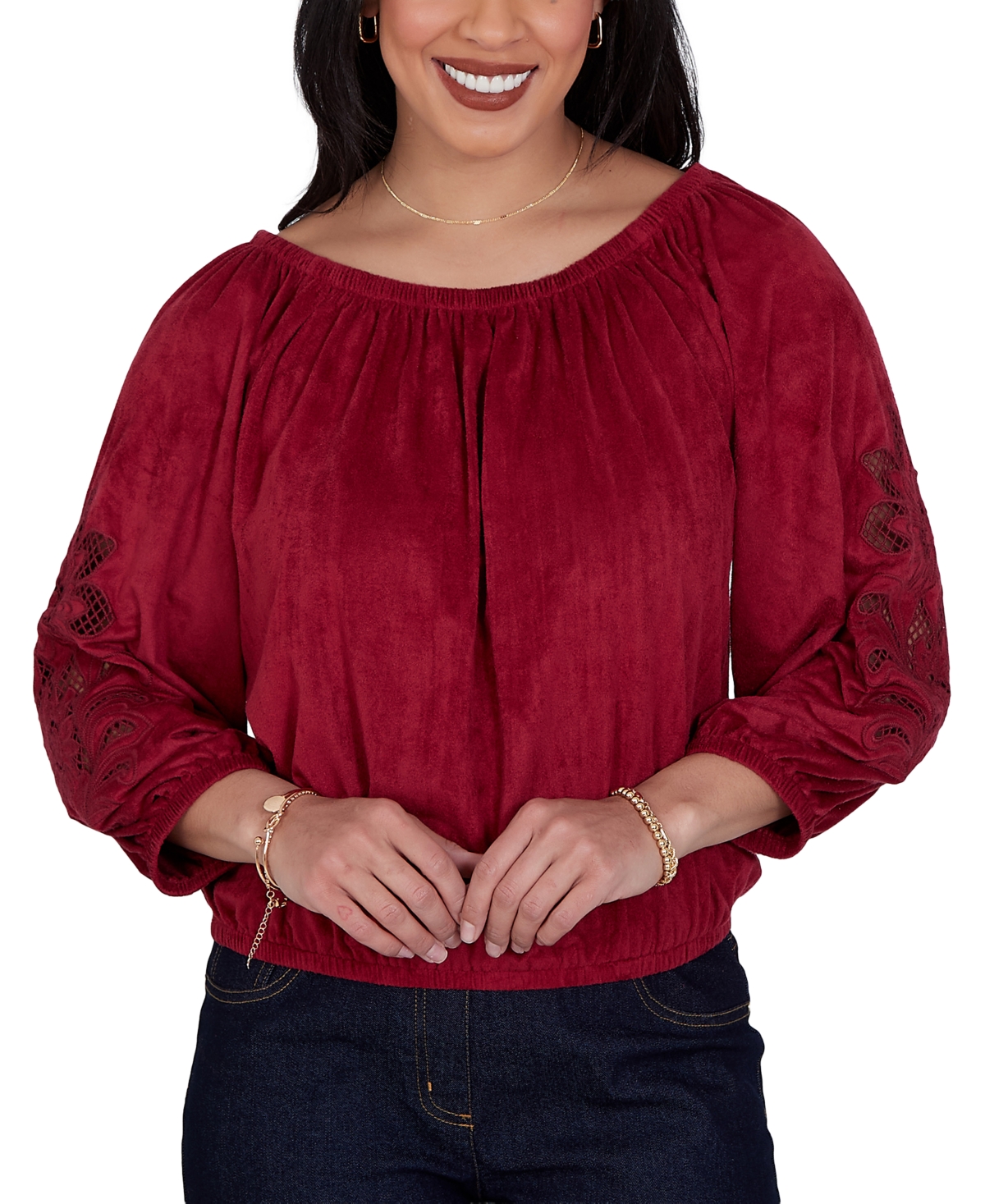 Ruby Rd. Petite Embroidered Scoop-Neck 3/4-Sleeve Blouse