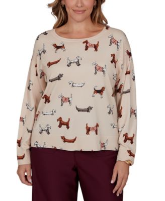 Plus Size Ballet Neckline Allover Dog Print Long-Sleeve Sweater