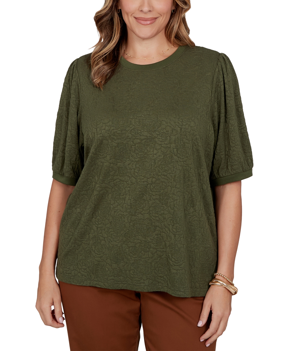 Ruby Rd. Plus Size Rosette Floral Side-Slit T-Shirt - Bayleaf