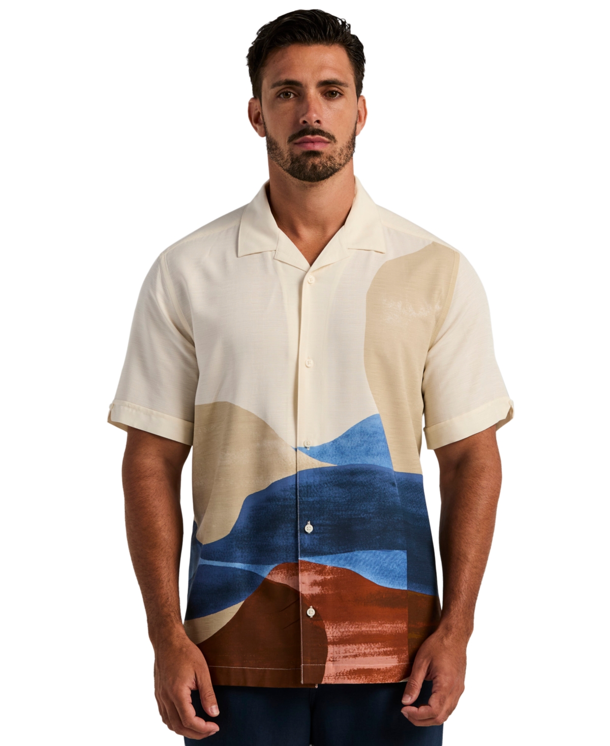 Cubavera Men's Watercolor Abstract Camp Collar Short-Sleeve Button-Up Shirt - Egret
