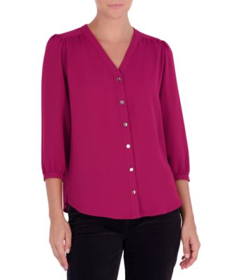Women's 3/4-Sleeve V-Neck Button-Up Blouse