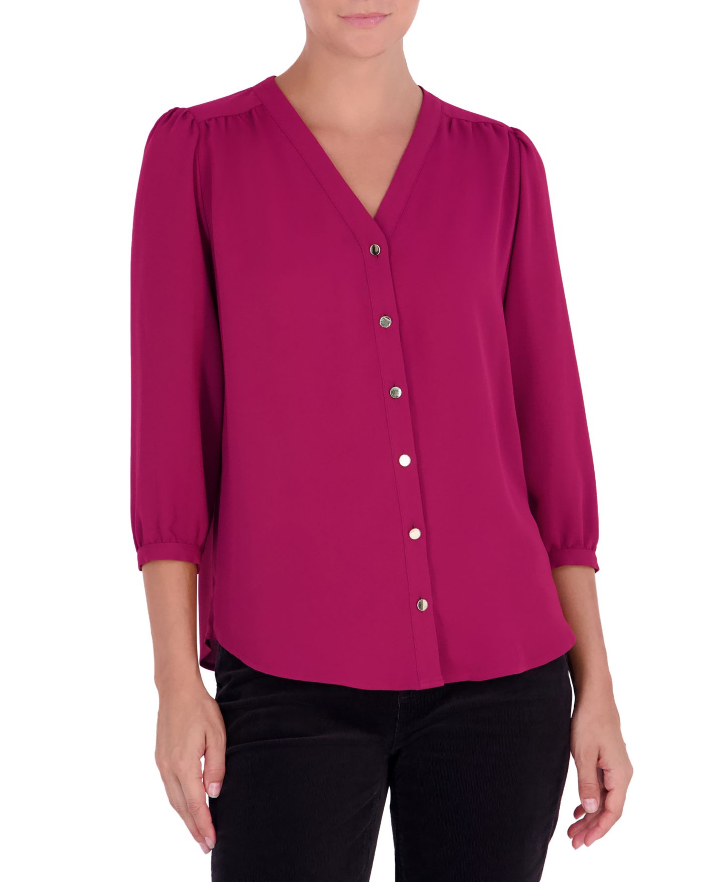 Женская блузка Jones New York 3/4-Sleeve V-Neck Button-Up Blouse, цвет: Ягодный красный — фото 1