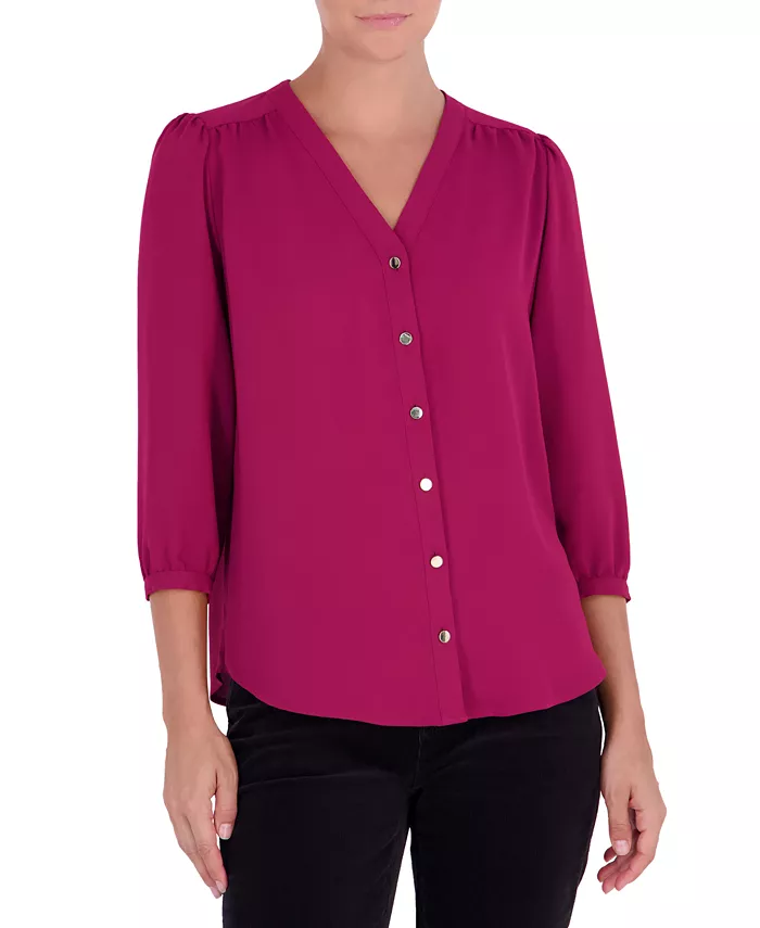 Women's 3/4-Sleeve V-Neck Button-Up Blouse