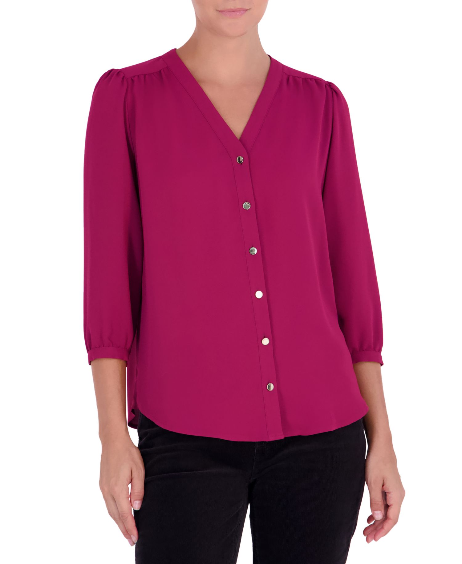 Women's 3/4-Sleeve V-Neck Button-Up Blouse