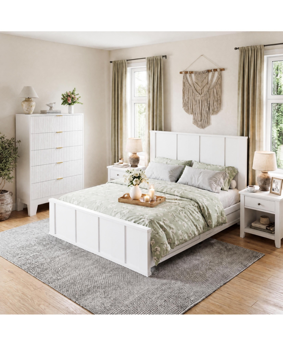 gaomon Modern Farmhouse Bedroom Set - Solid Wood Platform Bed with Tall Headboard and 5-Drawer Fluted Dresser, 800 lbs Support No Box Spring Needed -