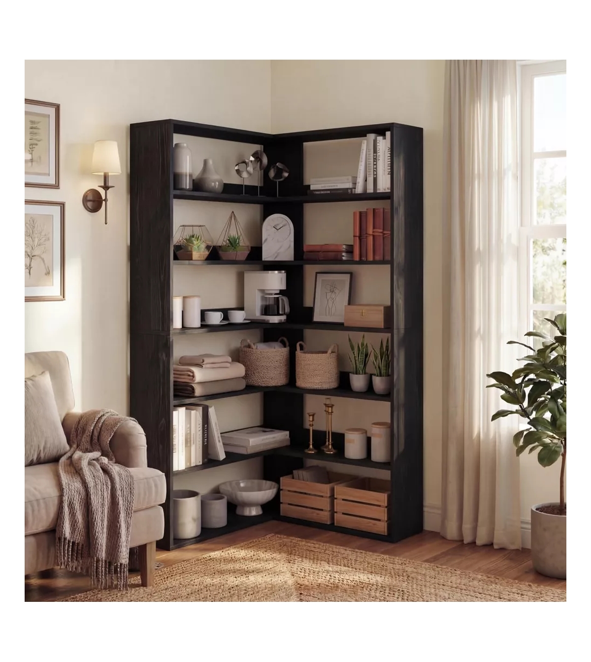 gaomon Corner Bookshelf - 6-Tier Rustic Wood L-Shaped Display Shelf with Open Storage, Space-Saving Bookcase for Living Room Bedroom Home Office - Bla