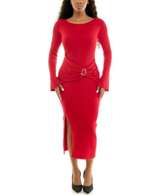 Juniors' Faux-Wrap Ribbed-Knit Bell-Sleeve Boat Neck Midi Sweater Dress