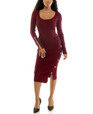 Juniors' Long-Sleeve Scoop Neck Midi Sweater Dress with Rhinestone Bows