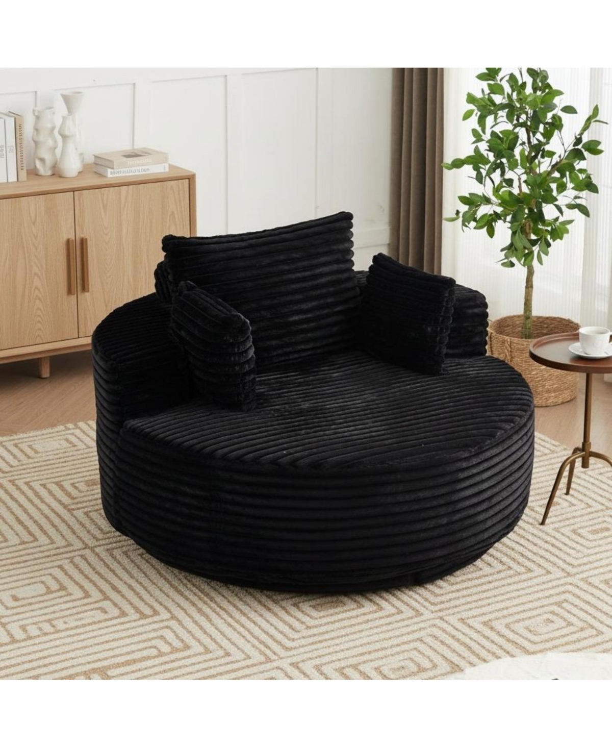 Sailvan 55" Corduroy Fabric Swivel Chair, Modern Round Sleeper Sofa with 360 Degree Rotation, Fluffy Foam Lounge Chair for Living Room