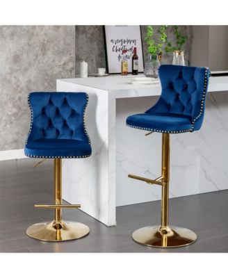 Velvet Swivel Bar Stools Set of 2, Adjustable Counter Height Chairs with Nailhead Trim and Gold Metal Base for Kitchen Island