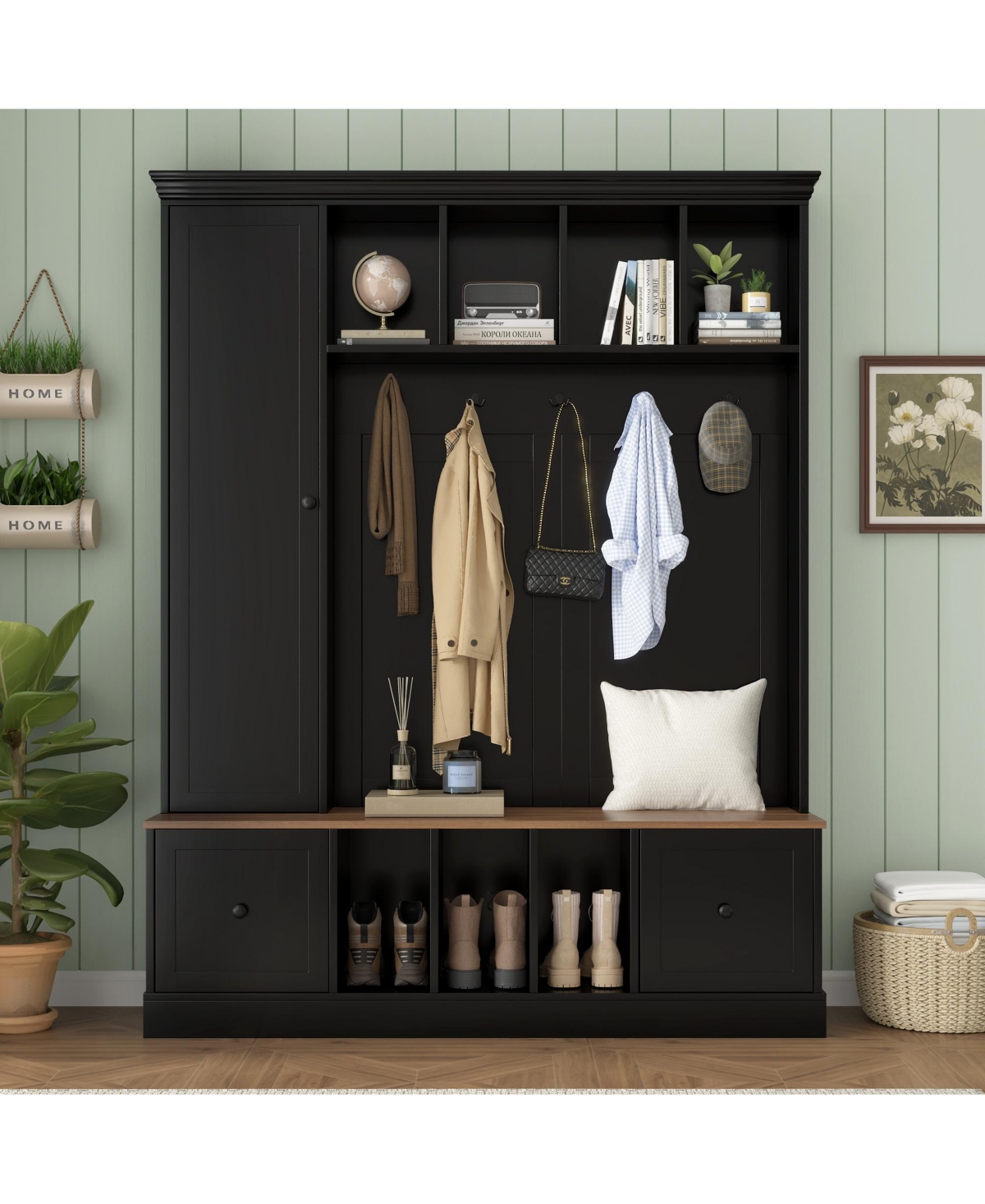 Clihome 62.2"W Farmhouse Hall Tree with Shoe Storage Bench, Entryway Coat Rack 5 Hooks